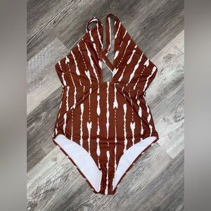 Brown and White Striped Swimsuit